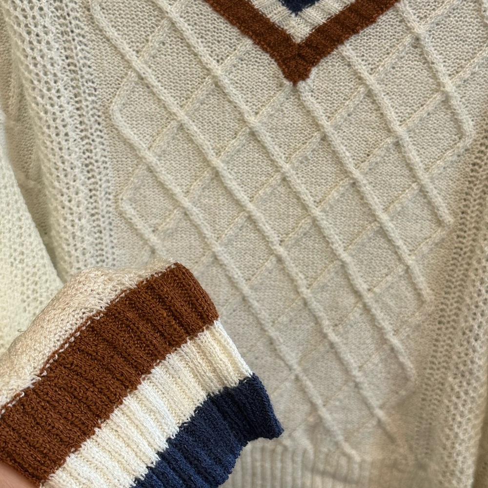 Wishlist | Preppy V-Neck Sweater with‎ Striped Trim | Cream, Blue, & Brown | M/L - Picture 3 of 7